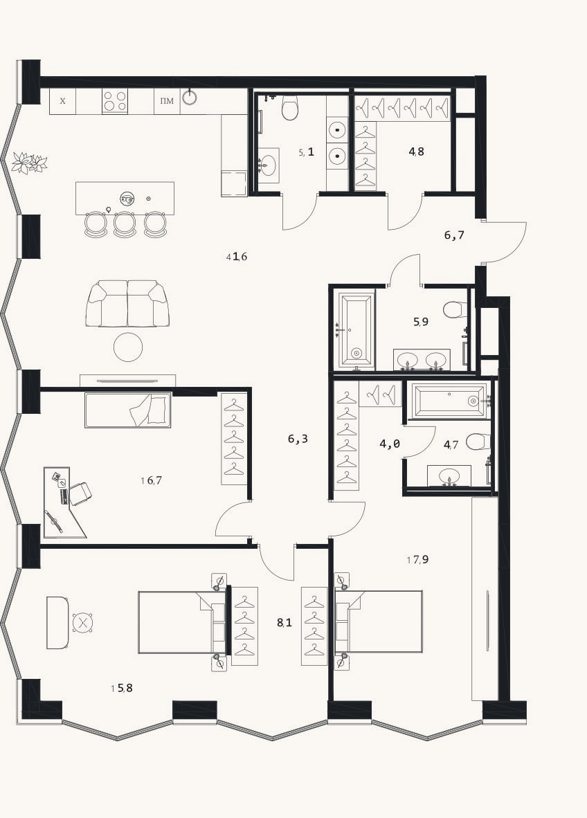 Планировка: 4+ к, 137,6 м²