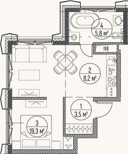 Планировка: 2-к, 36,8 м²