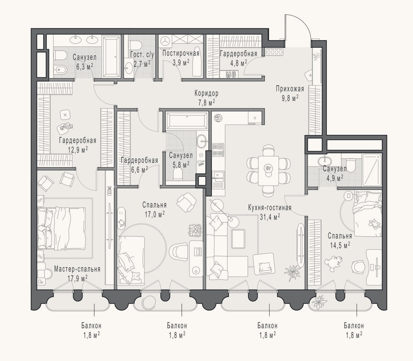 Планировка: 4+ к, 149,5 м²