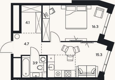 Планировка: 1-к, 44,3 м²