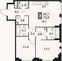 Планировка: 3-к, 73,9 м²