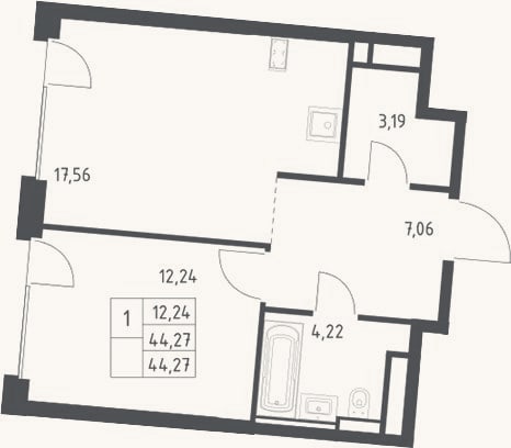Планировка: 2-к, 44,3 м²