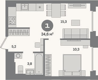 Планировка: 1-к, 34,6 м²
