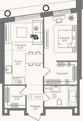 Планировка: 2-к, 53,3 м²