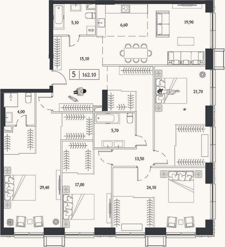 Планировка: 4+ к, 162,1 м²