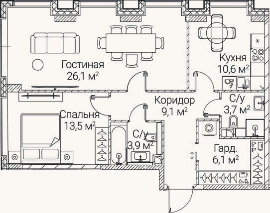 Планировка: 2-к, 73 м²