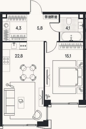 Планировка: 2-к, 52,1 м²