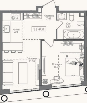 Планировка: 2-к, 47,2 м²