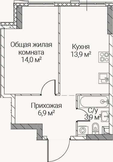 Планировка: 1-к, 38,7 м²