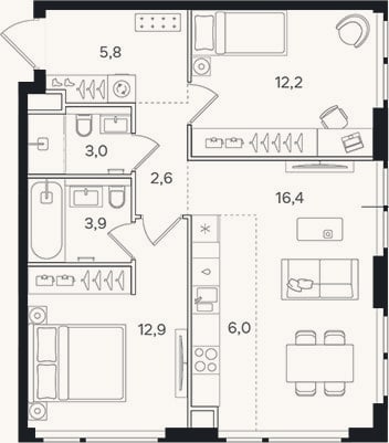 Планировка: 3-к, 62,8 м²
