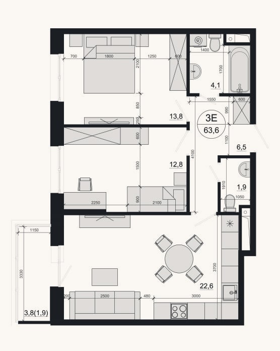 Планировка: 3-к, 61,7 м²