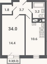 Планировка: 1-к, 33,7 м²