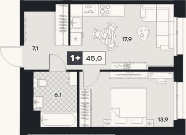 Планировка: 1-к, 45 м²