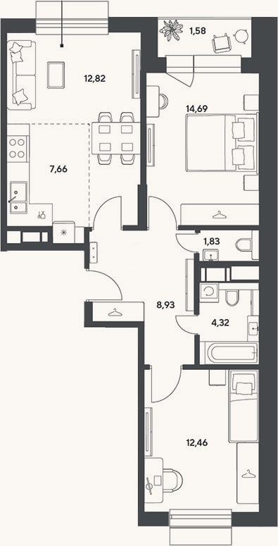 Планировка: 3-к, 62,7 м²