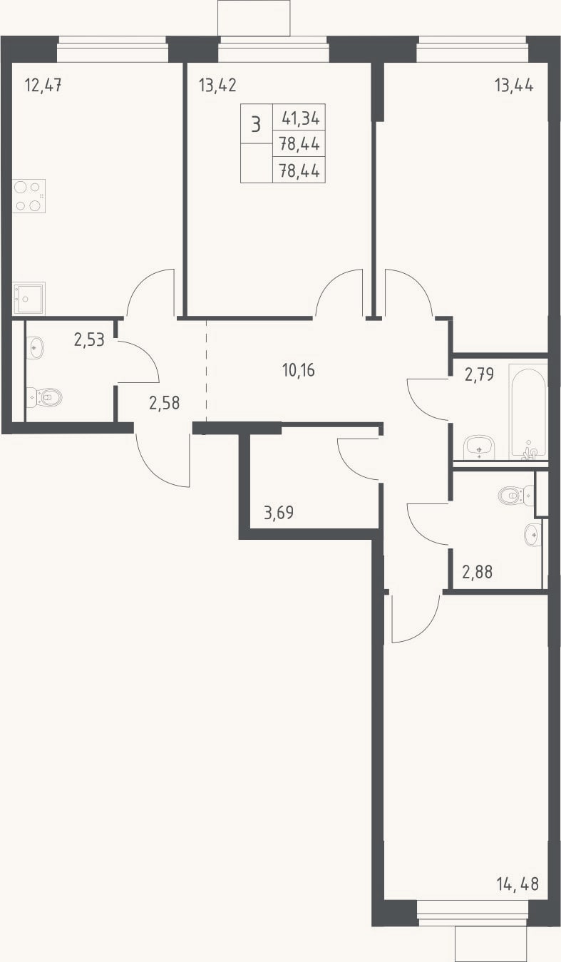 Планировка: 3-к, 78,4 м²