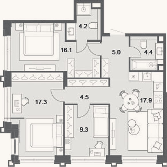 Планировка: 4+ к, 78,7 м²