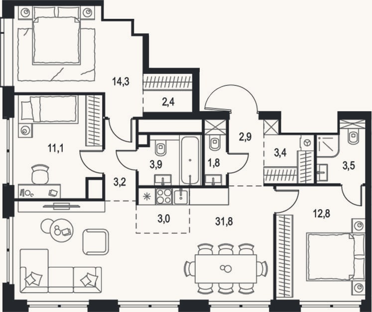 Планировка: 4+ к, 94,1 м²
