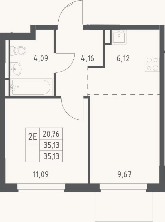 Планировка: 2-к, 35,1 м²