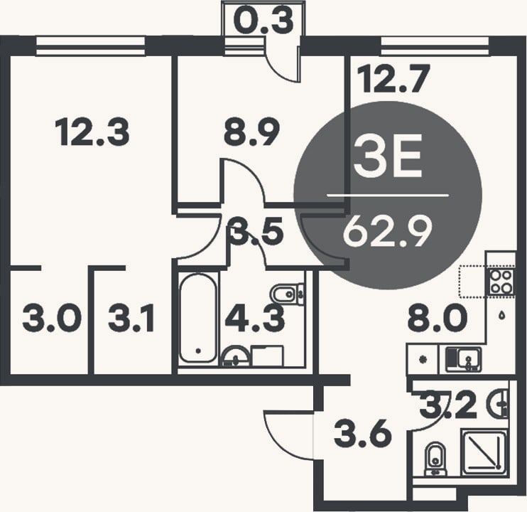 Планировка: 3-к, 62,6 м²