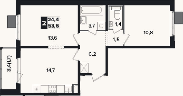 Планировка: 2-к, 51,9 м²