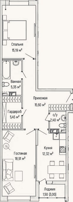 Планировка: 2-к, 74,1 м²