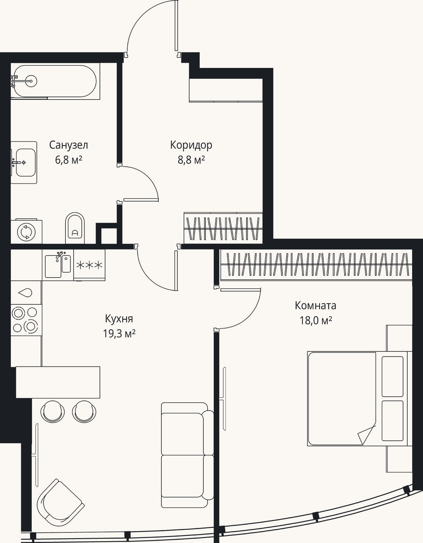 Планировка: 2-к, 52,9 м²