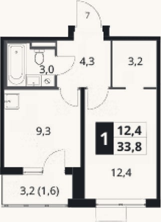 Планировка: 1-к, 32,2 м²
