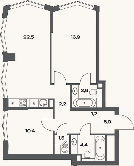 Планировка: 3-к, 68,6 м²