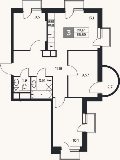 Планировка: 3-к, 58,1 м²