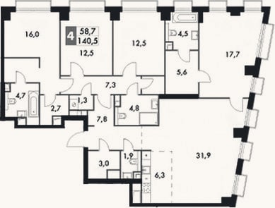 Планировка: 4+ к, 140,5 м²