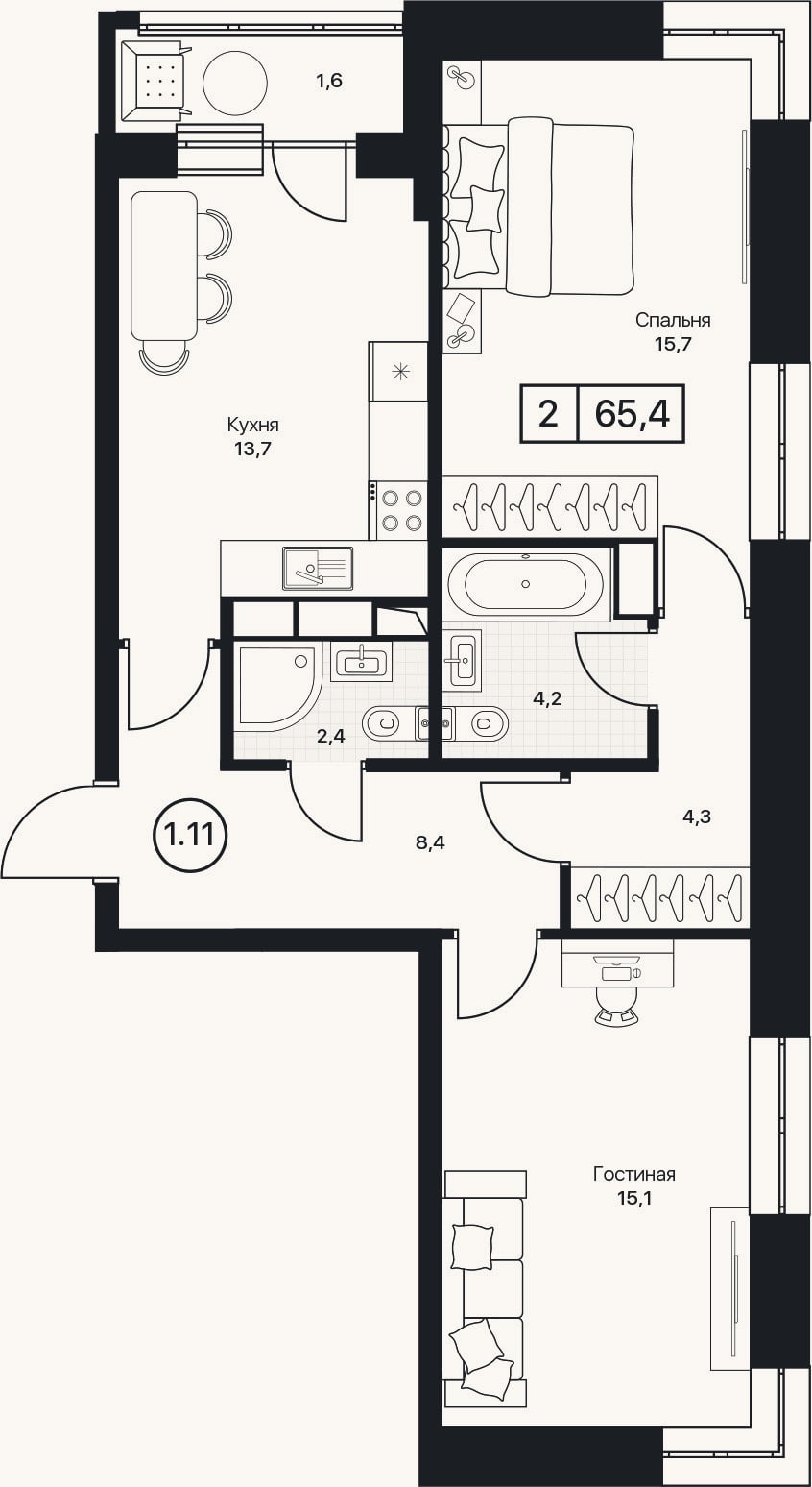 Планировка: 2-к, 63,8 м²
