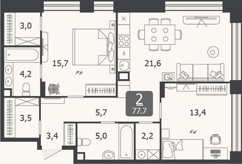Планировка: 3-к, 77,7 м²