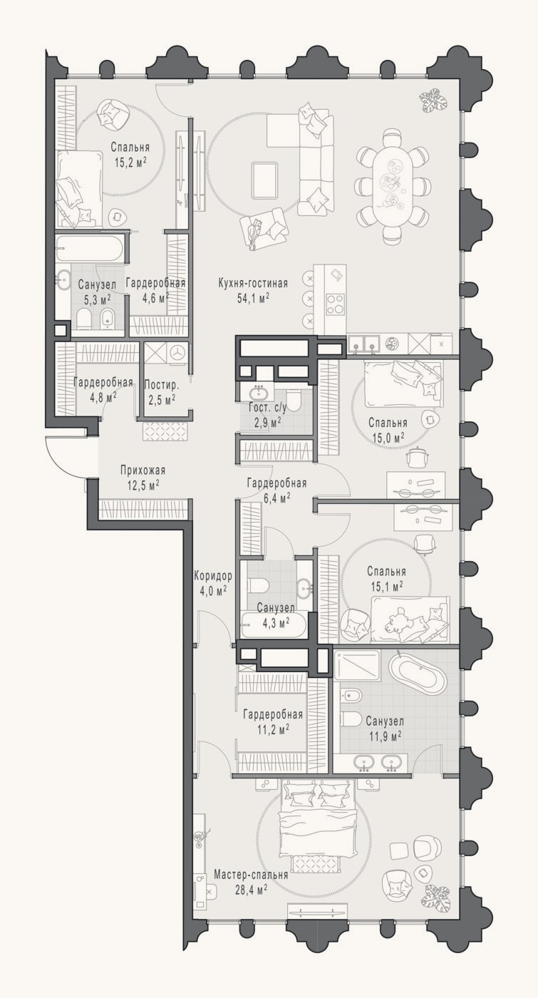 Планировка: 4+ к, 200 м²