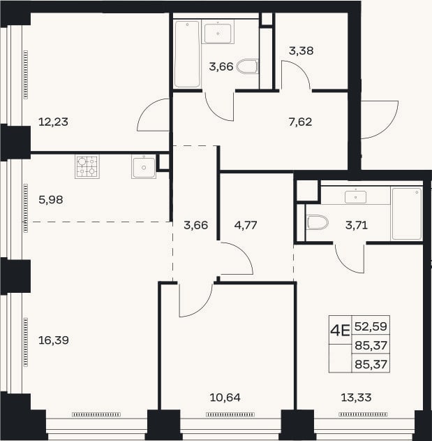 Планировка: 4+ к, 85,4 м²