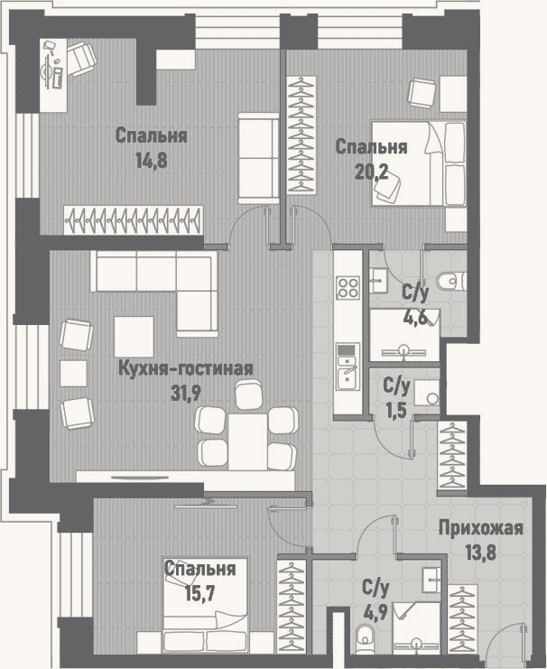 Планировка: 4+ к, 107,4 м²