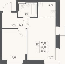 Планировка: 2-к, 40,8 м²