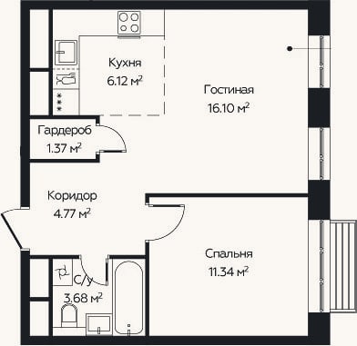 Планировка: 2-к, 43,4 м²