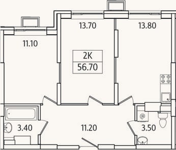 Планировка: 2-к, 56,7 м²