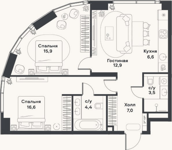 Планировка: 3-к, 66,9 м²