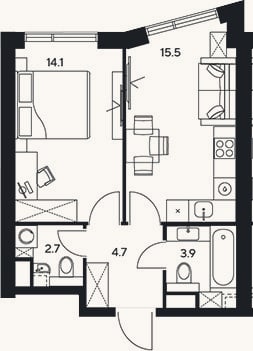 Планировка: 1-к, 40,9 м²