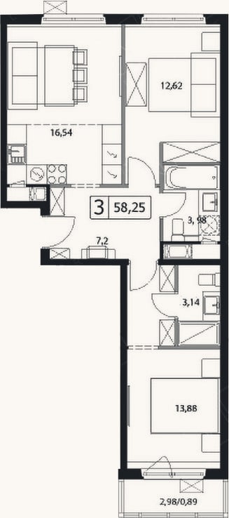 Планировка: 3-к, 57,4 м²
