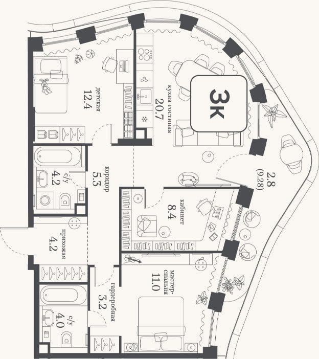 Планировка: 3-к, 73,4 м²