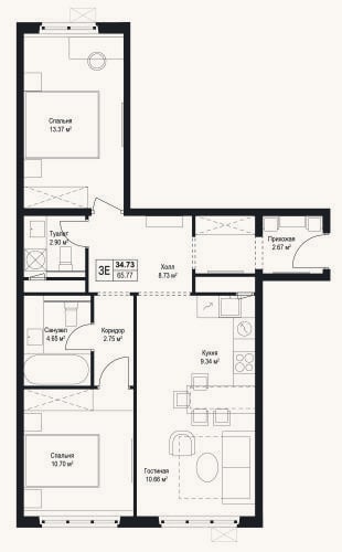 Планировка: 3-к, 65,8 м²