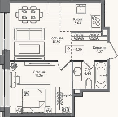 Планировка: 2-к, 45,3 м²