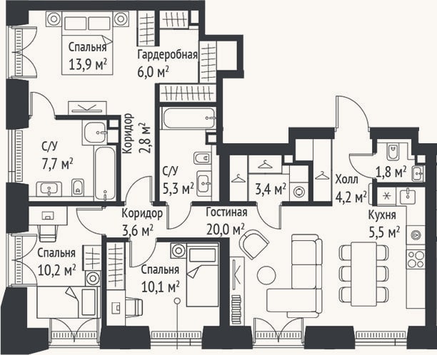 Планировка: 4+ к, 94,4 м²
