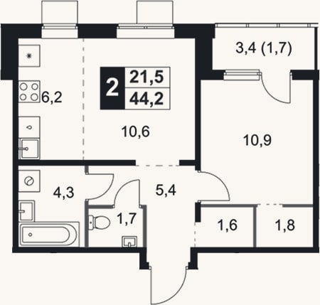 Планировка: 2-к, 42,5 м²