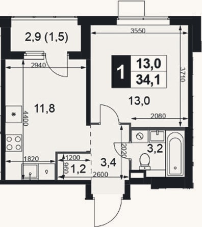 Планировка: 1-к, 32,6 м²