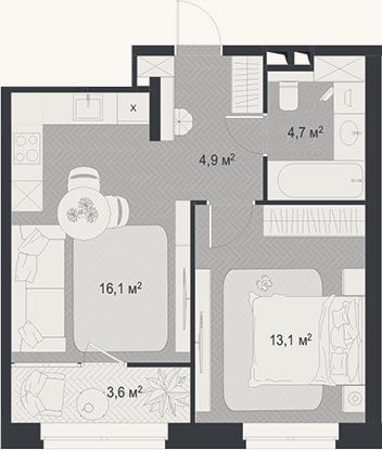 Планировка: 2-к, 38,8 м²