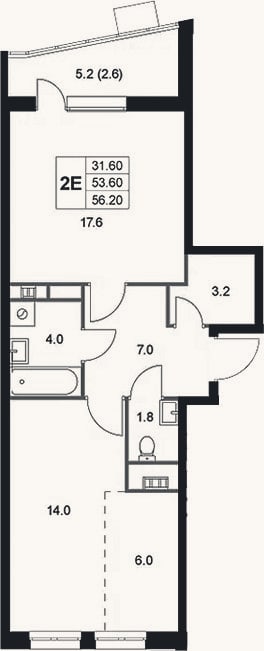 Планировка: 2-к, 53,7 м²