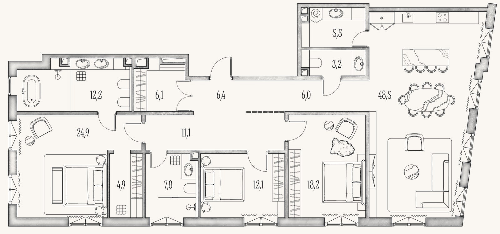Планировка: 4+ к, 171 м²